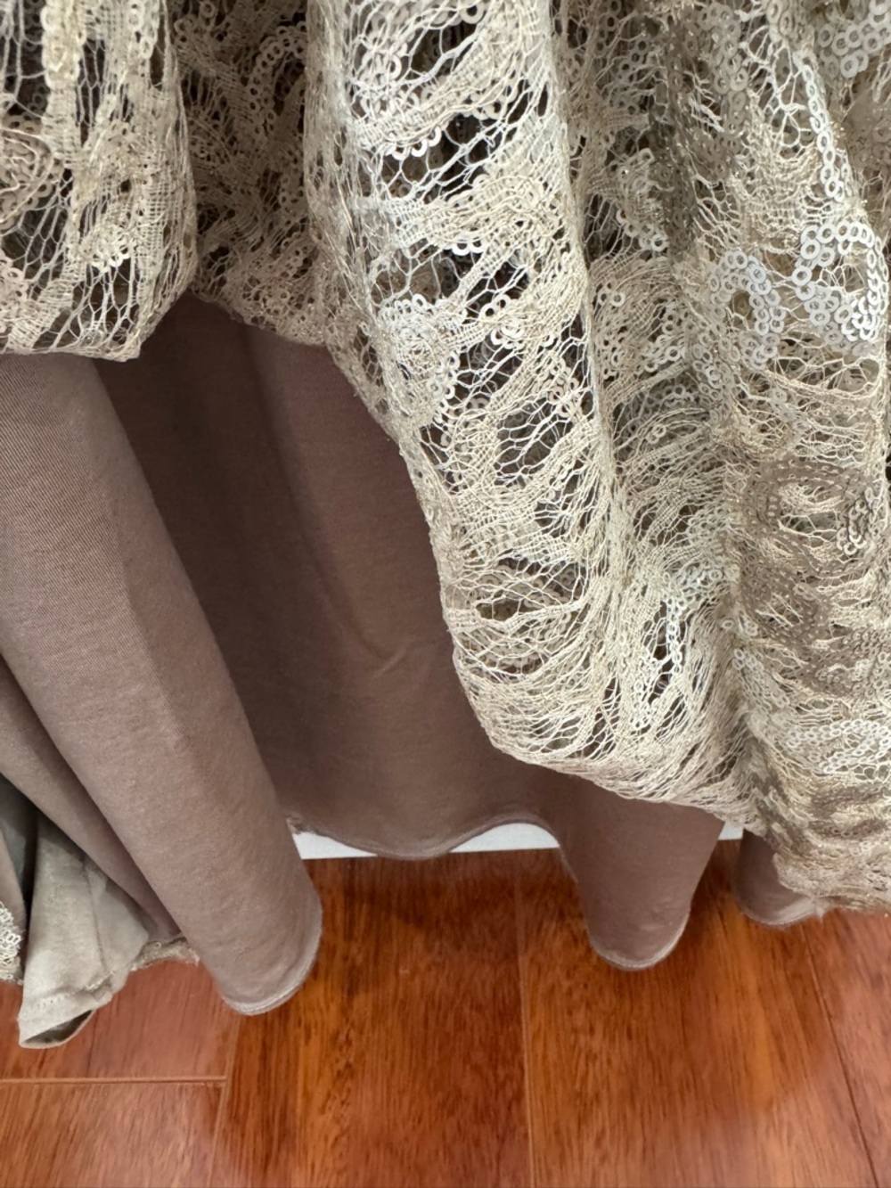 Tiffany Rose Maternity Evening Gown in Beaded Sparkly Taupe and Cream - Picture 5 of 6